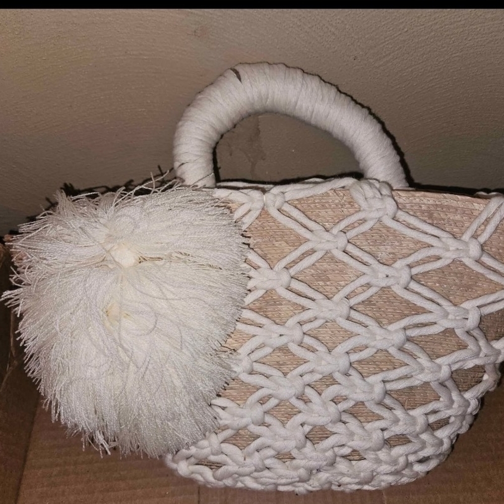 White and Tan Woven Handbag